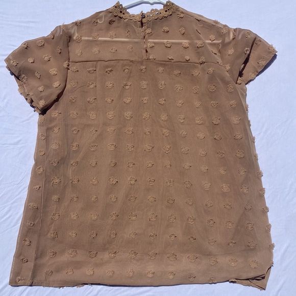 Beige Size Large High Neck Polka Dot Sheer Blouse With Attached Cami - Picture 4 of 5